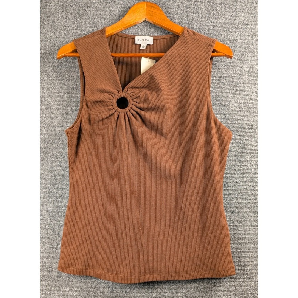 Evereve Brown Ribbed Sleeveless Top O-Ring Cutout Neck Stretch Knit XL NWT